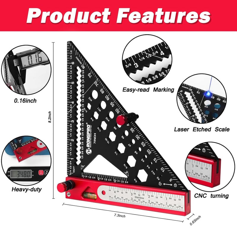 RONGPRO 8 in 1 Rafter Square with Carpenter Pencil, Multi-Purpose Carpenter Square Tools: Square, Protractor, Steel Ruler, MarkingGauge, T-Bevel Gauge, Bubble Level - Image 2